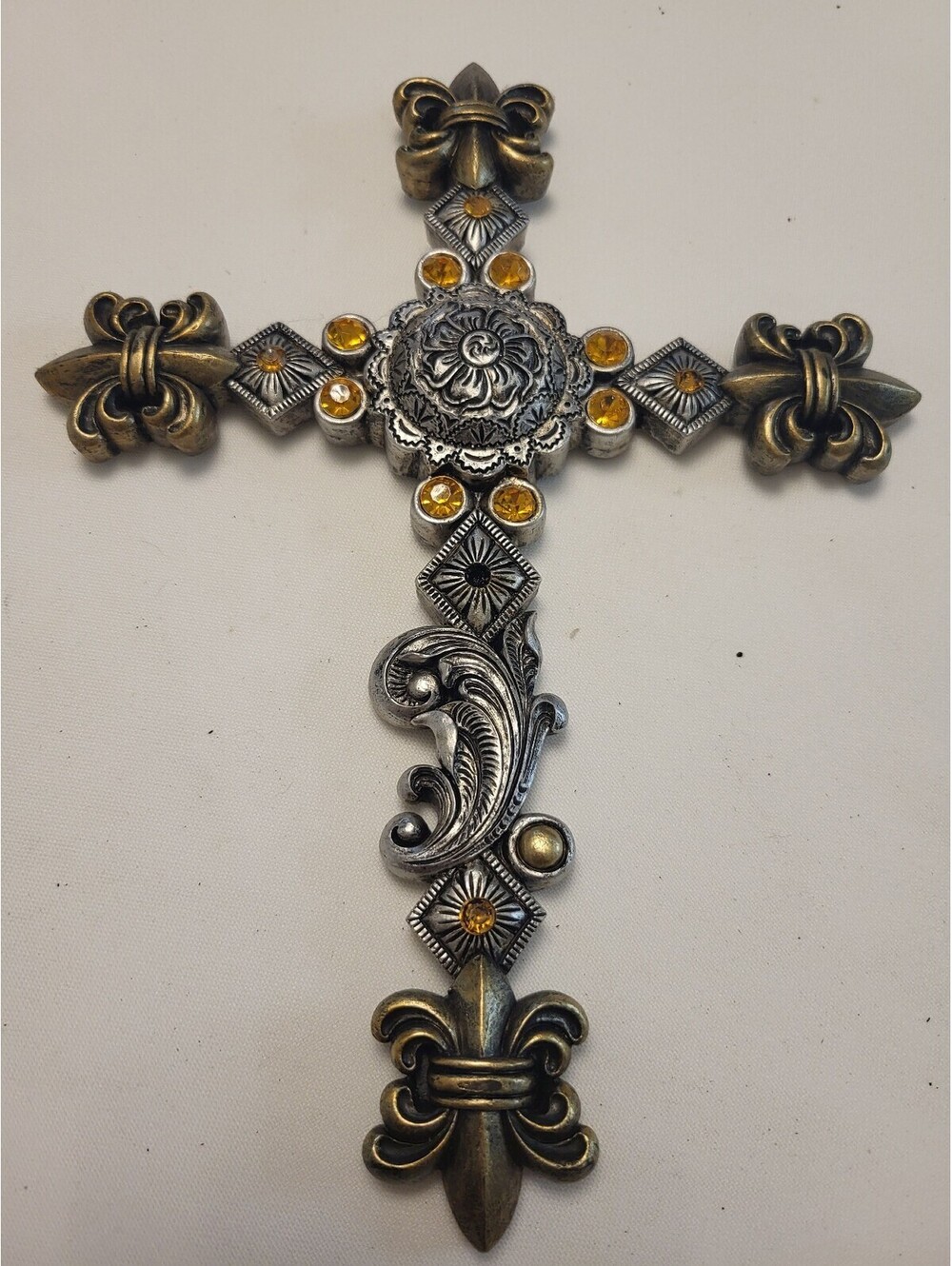 Decorative Fleur-de-Lis Cross 9.5x7" Hanging w Amber Accents